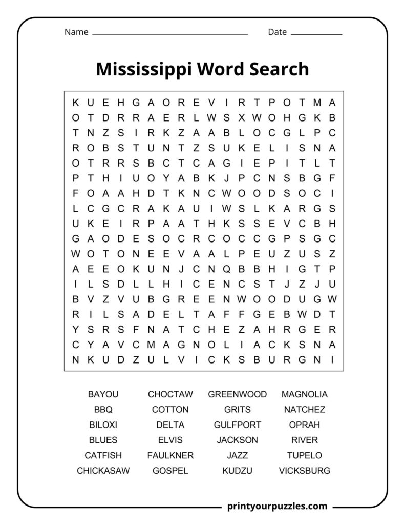 Medium Mississippi word search puzzle with a clear grid and 24 words highlighting music, food, culture, and Mississippi cities.