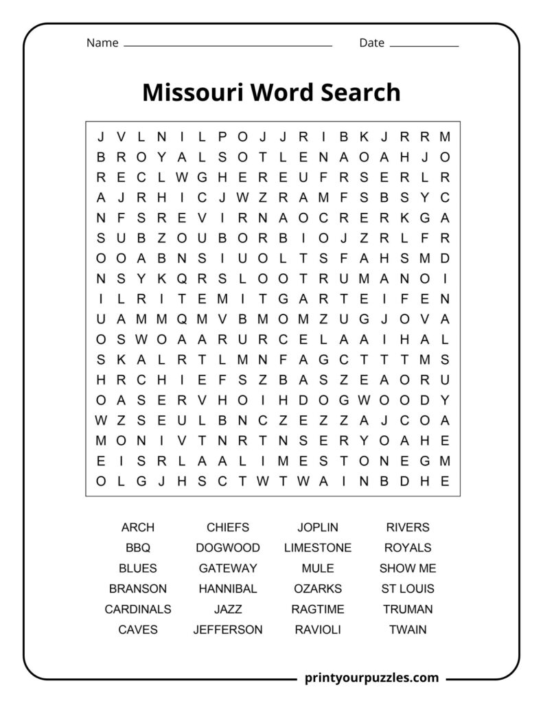 Medium Missouri word search puzzle with a clear grid and 24 state-related words covering culture, cities, and landmarks.