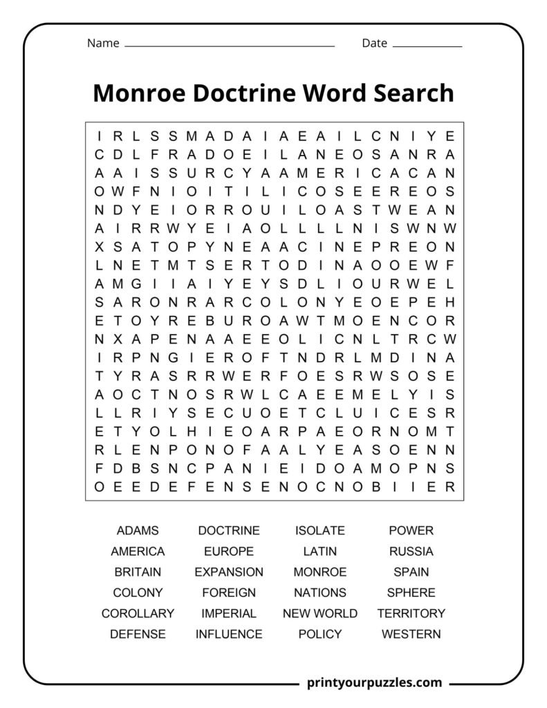 Challenging Monroe Doctrine word search featuring a dense letter grid and historical vocabulary terms.