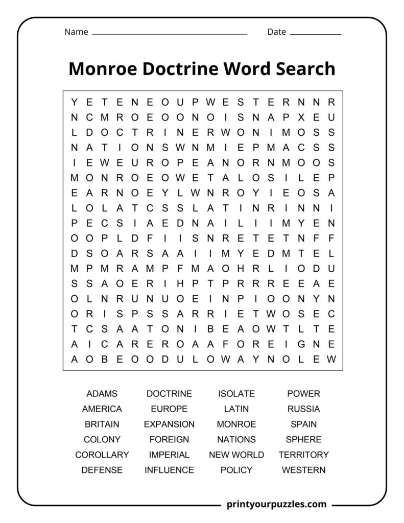 Medium-difficulty Monroe Doctrine word search puzzle featuring a clear grid and essential historical terms.