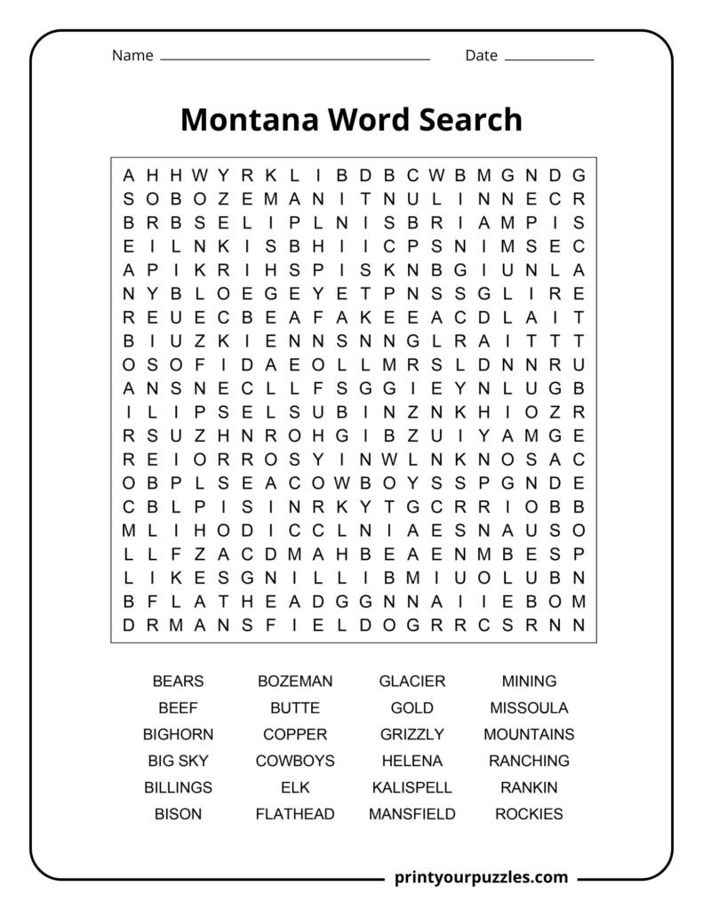 Hard Montana word search puzzle with a dense grid and 24 state-themed words covering wildlife, mountains, cities, and ranching.