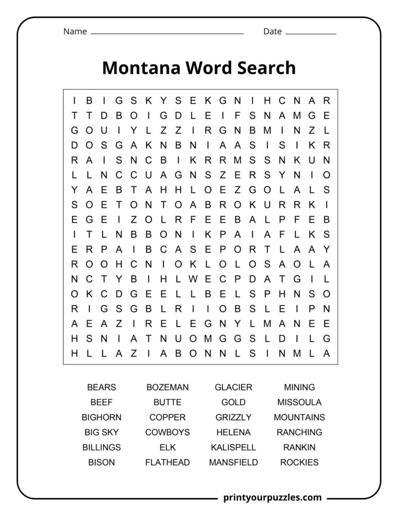 Medium Montana word search puzzle with a clear grid and 24 words about wildlife, mountains, major cities, and Montana history.