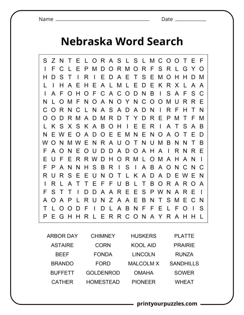 Hard Nebraska word search puzzle with a dense letter grid and 24 words tied to history, agriculture, and landmarks.