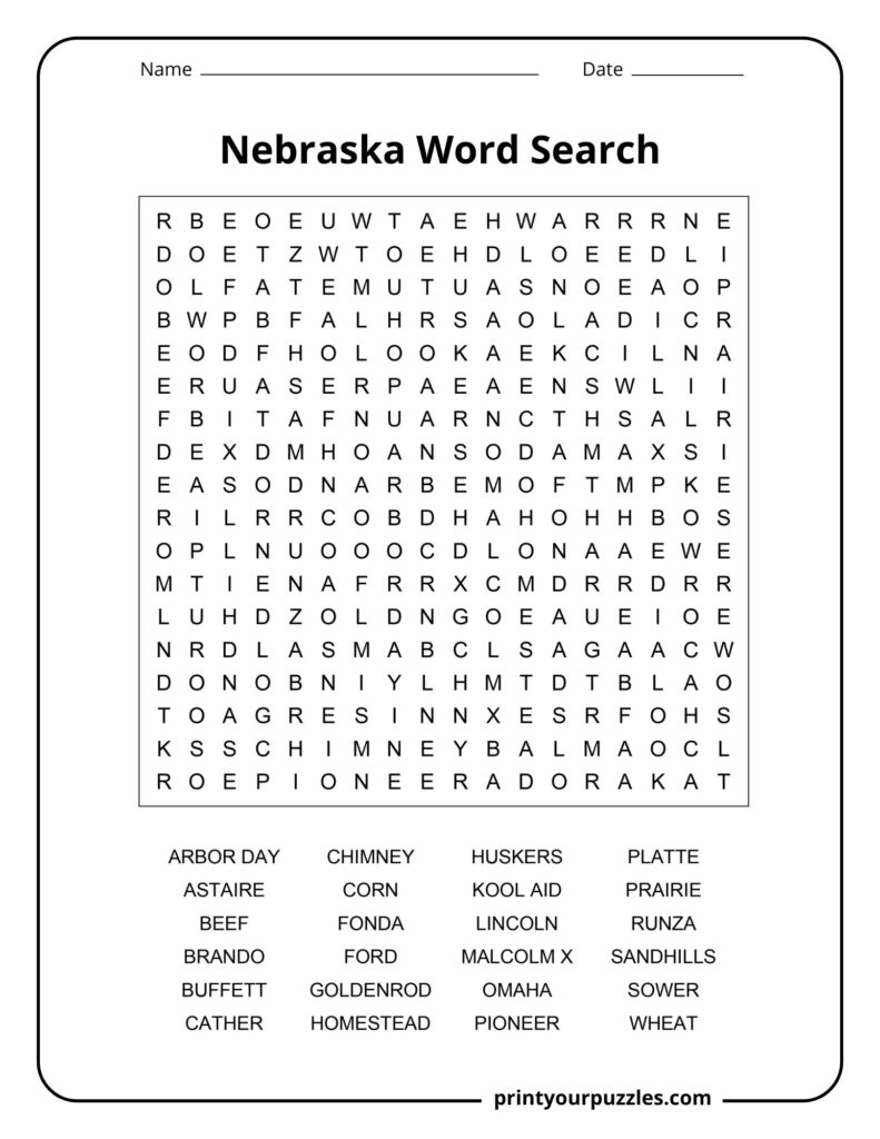 Medium Nebraska word search puzzle with a clear grid and well-known state-related words and landmarks.