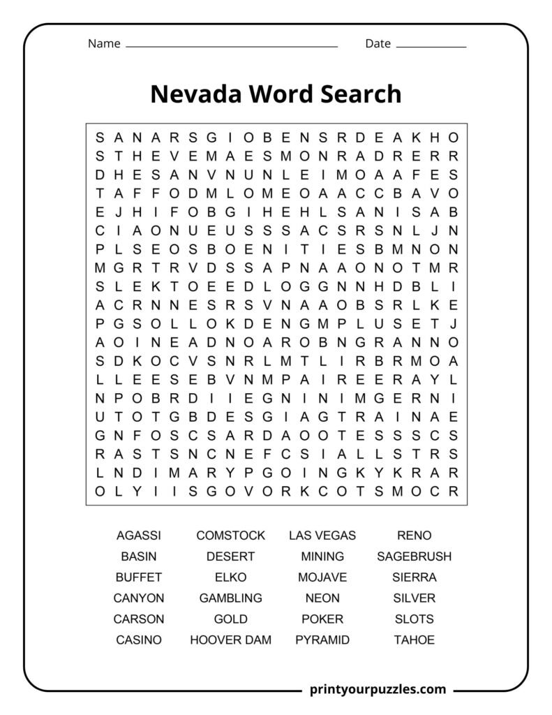 Hard Nevada word search puzzle featuring a dense letter grid and 24 Nevada-themed words to find.