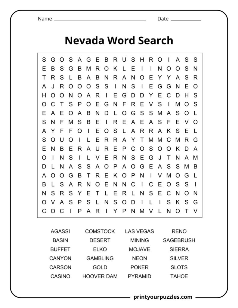 Medium difficulty Nevada word search puzzle with a clear grid and well-known state-related vocabulary.