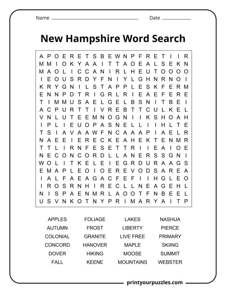 Hard New Hampshire word search puzzle with a dense letter grid and 24 state-themed words to find.