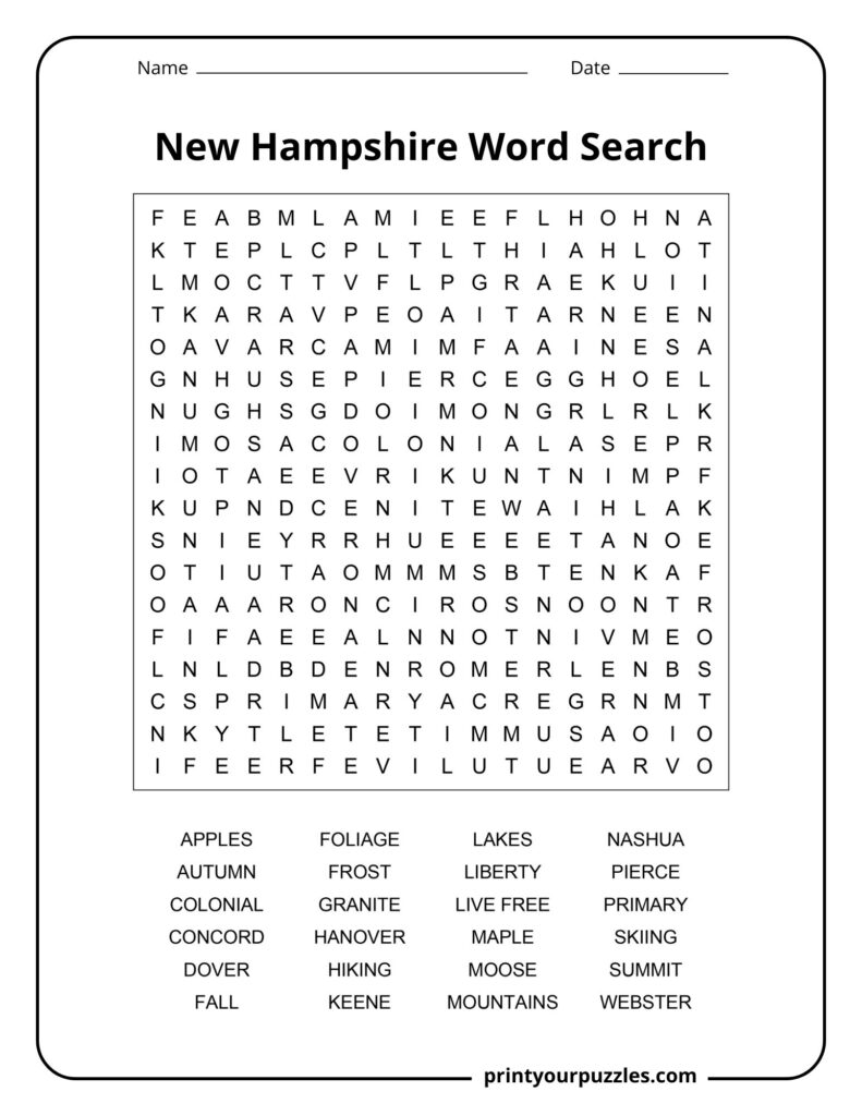Medium difficulty New Hampshire word search puzzle with a clear grid and recognizable state-related words.