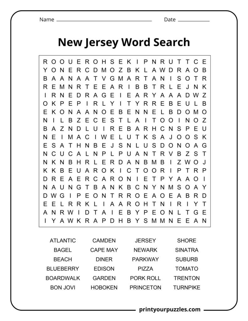 Hard New Jersey word search puzzle featuring a dense letter grid and 24 words related to cities, foods, and landmarks.
