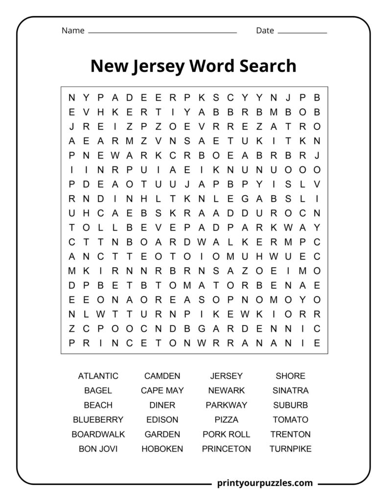 Medium New Jersey word search puzzle with a clear grid and 24 state-themed words including cities, food, and landmarks.