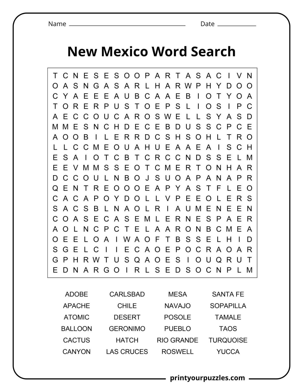 New Mexico Word Search | Print Your Puzzles