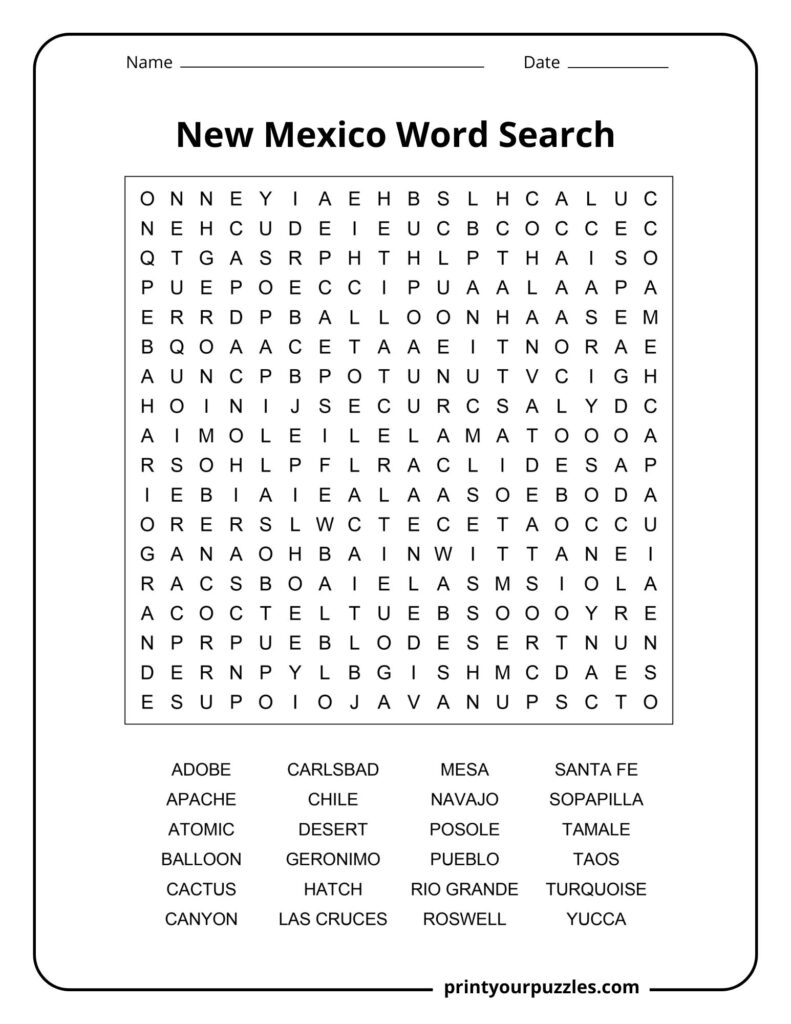 Medium-difficulty New Mexico word search puzzle featuring cities, landmarks, foods, and Southwestern symbols.