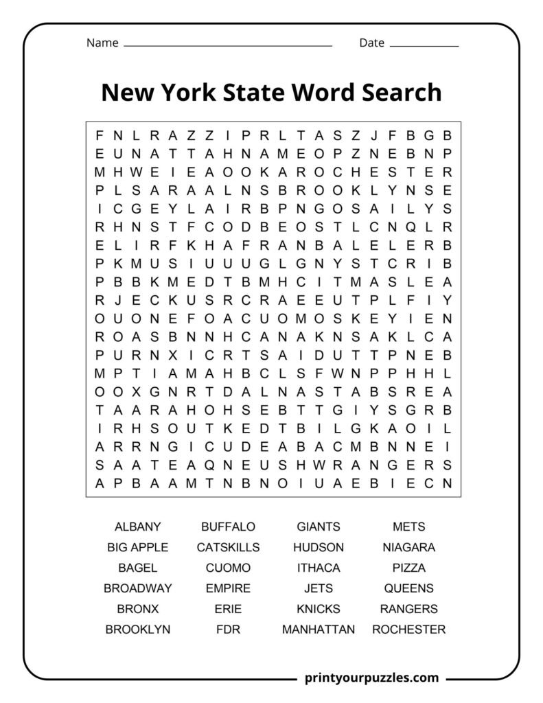 Hard New York State word search featuring cities, regions, landmarks, sports teams, and well-known state terms.