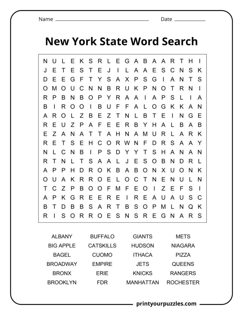 Medium New York State word search featuring cities, regions, sports teams, and popular terms related to the state.