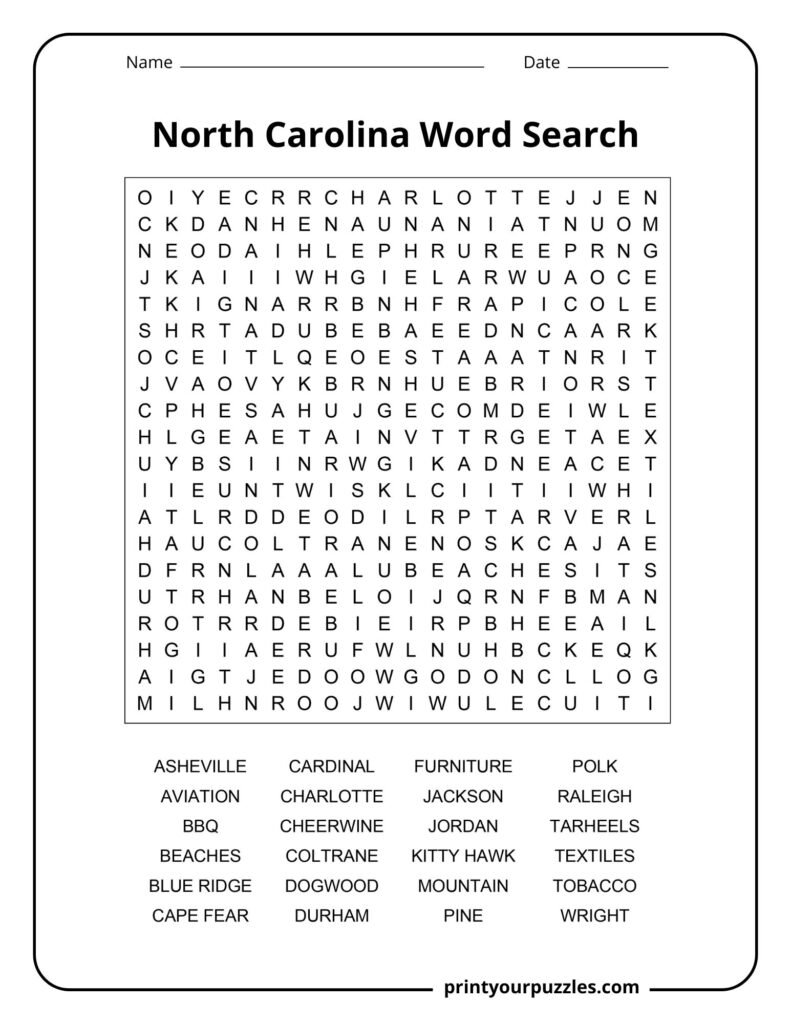 Challenging North Carolina word search featuring cities, landmarks, culture, aviation history, and regional symbols.