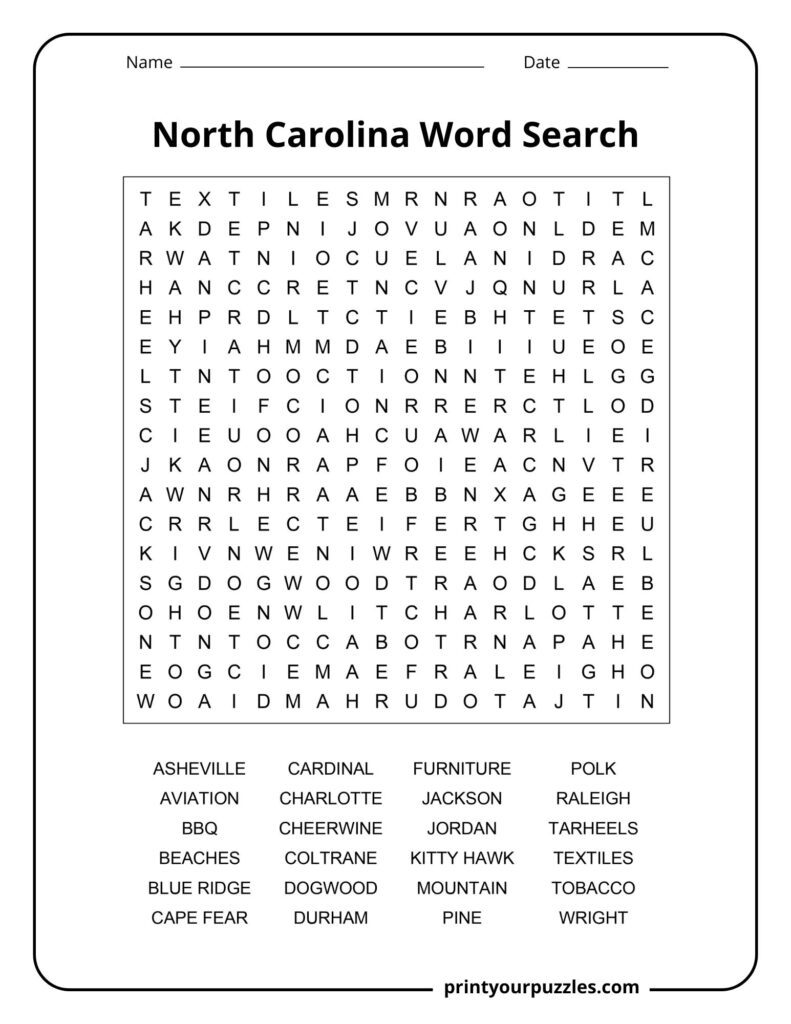 Medium-difficulty North Carolina word search with terms about cities, geography, aviation history, food, and culture.