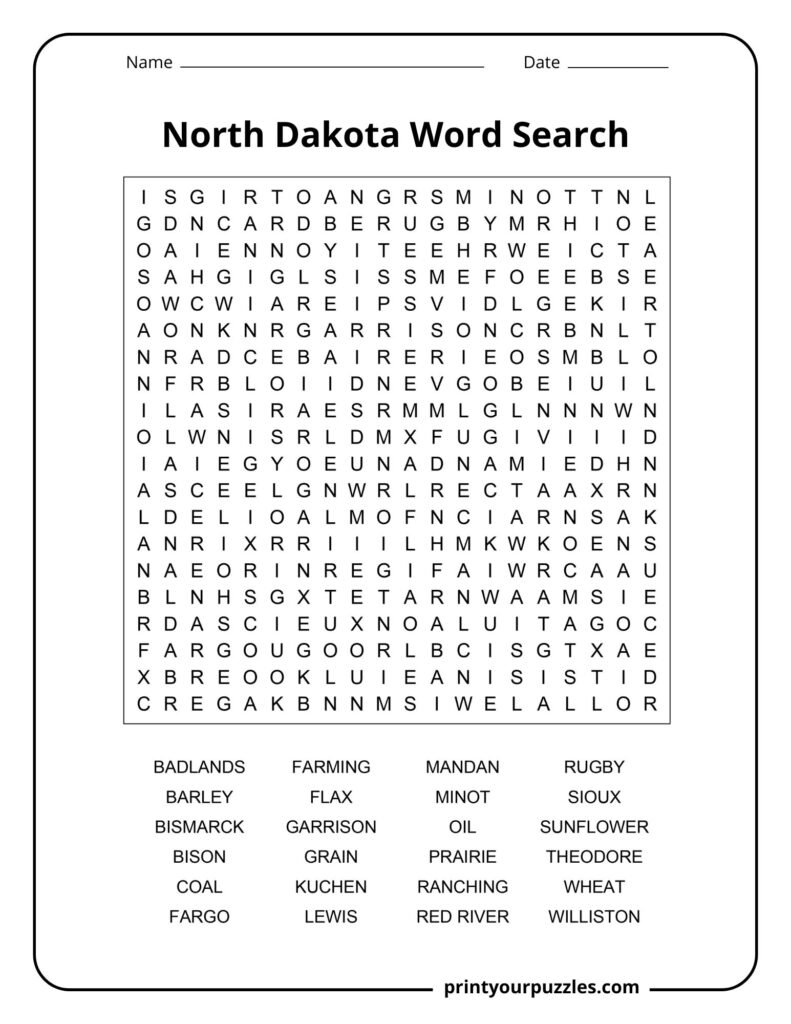 Challenging North Dakota word search puzzle featuring state cities, agriculture terms, and regional landmarks.