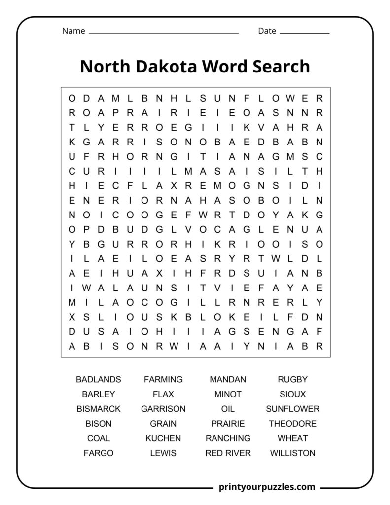 Medium-difficulty North Dakota word search featuring cities, agriculture words, and notable state landmarks.