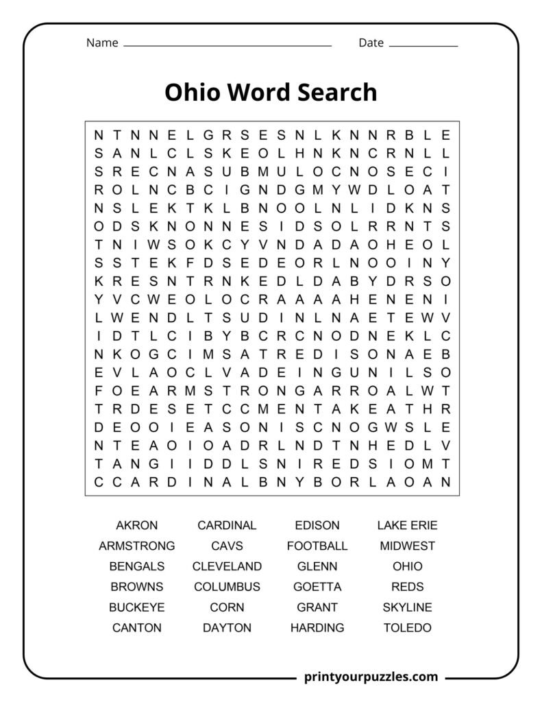 Challenging Ohio-themed word search puzzle featuring a dense letter grid and major cities, icons, and state terms.