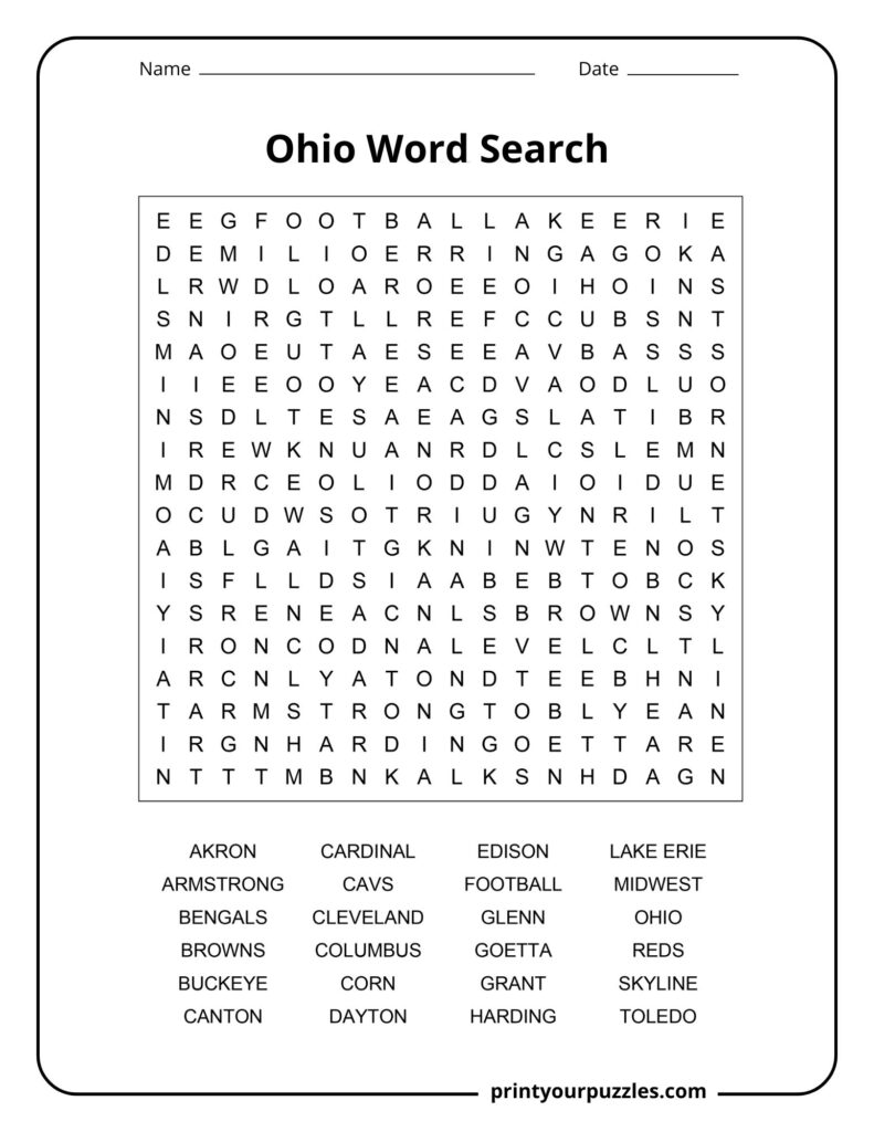Medium-difficulty Ohio word search puzzle showcasing key state cities, foods, landmarks, and cultural terms.