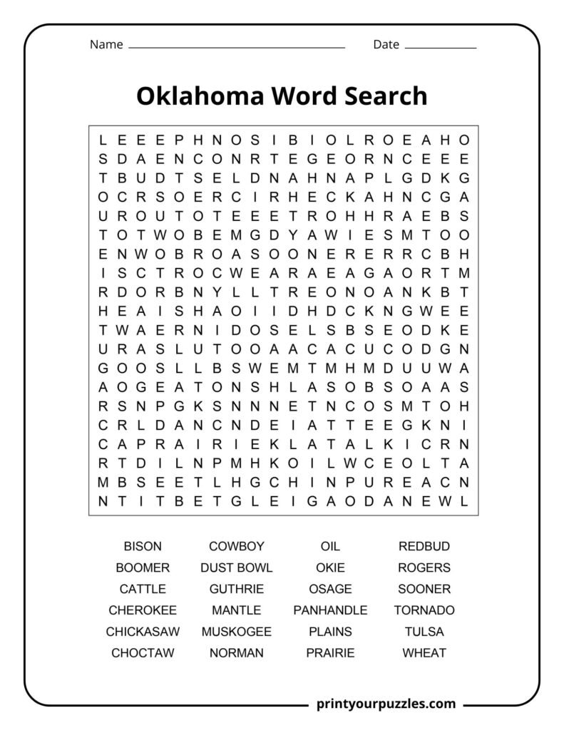 Challenging Oklahoma-themed word search puzzle with a dense grid featuring state history, culture, and geography terms.