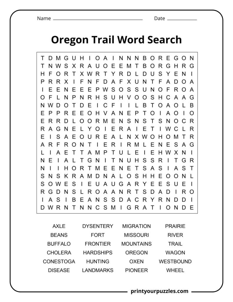 Oregon Trail Word Search Hard