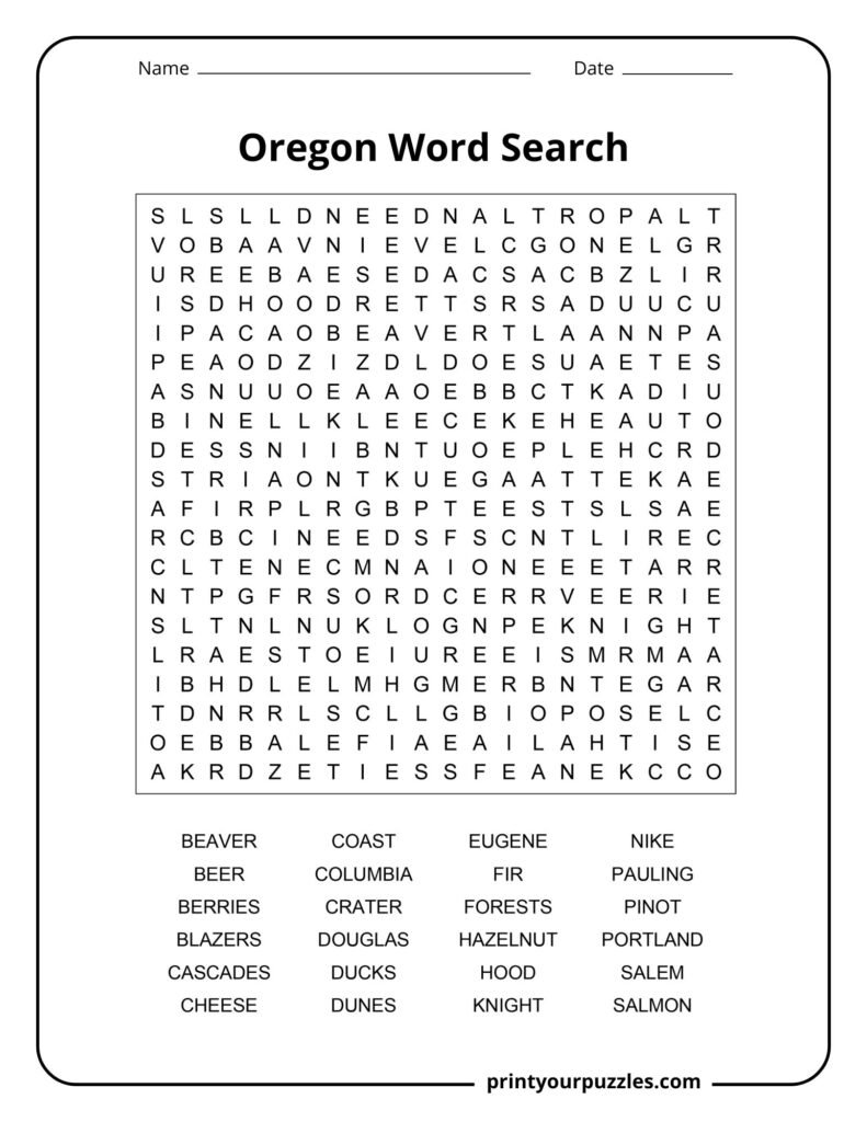 Challenging Oregon-themed word search puzzle featuring a dense letter grid and a list of state-related terms.