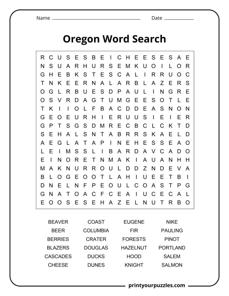 Medium-difficulty Oregon word search puzzle with a clear grid and a list of state-themed words to locate.