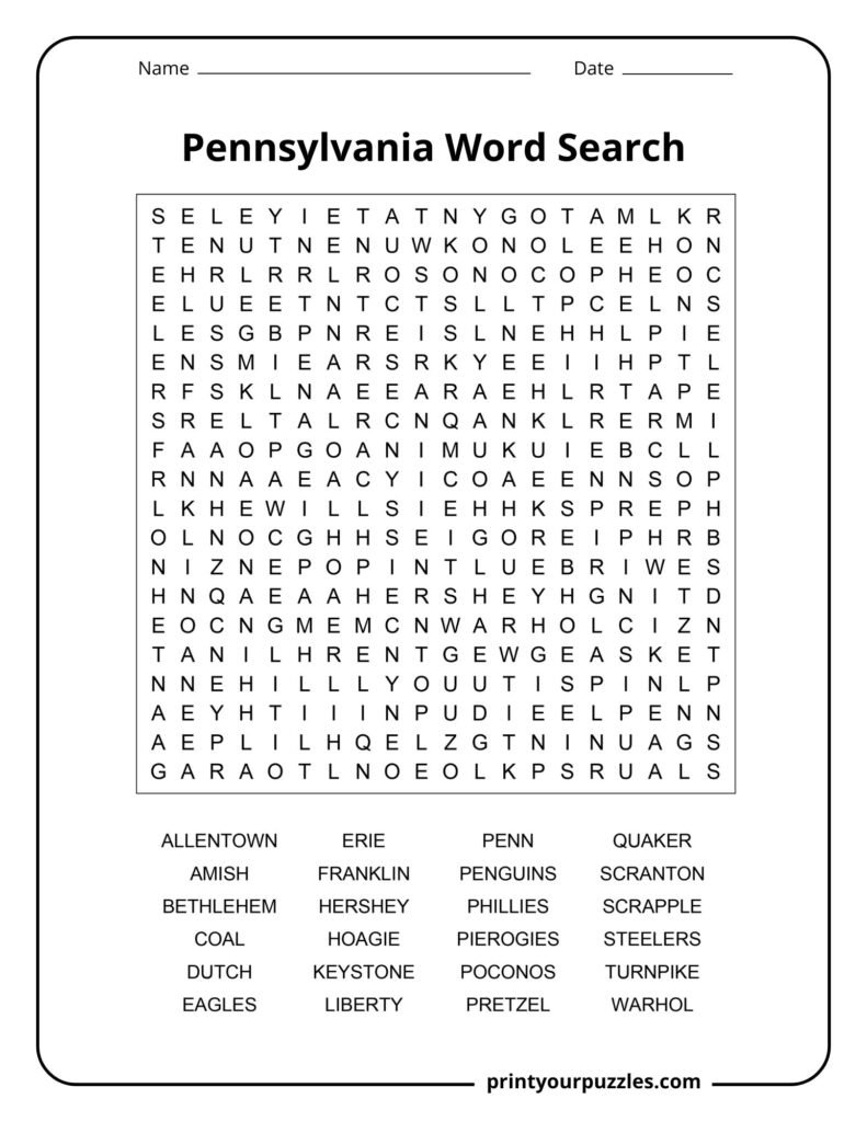 Hard Pennsylvania word search puzzle featuring a dense grid and a list of locations, foods, and cultural terms to find.