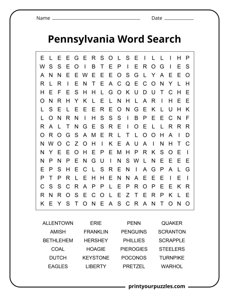 Medium-difficulty Pennsylvania word search puzzle with a clear grid and a list of state-themed vocabulary terms.