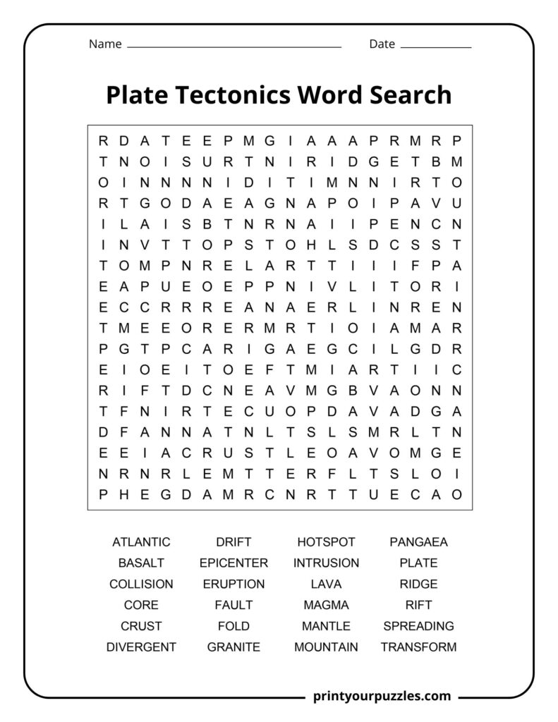 Medium plate tectonics word search with key Earth science terms including crust, fault, lava, ridge, and mantle.