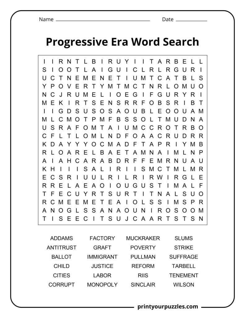 Challenging Progressive Era word search with a dense letter grid and terms like reform, monopoly, and suffrage.