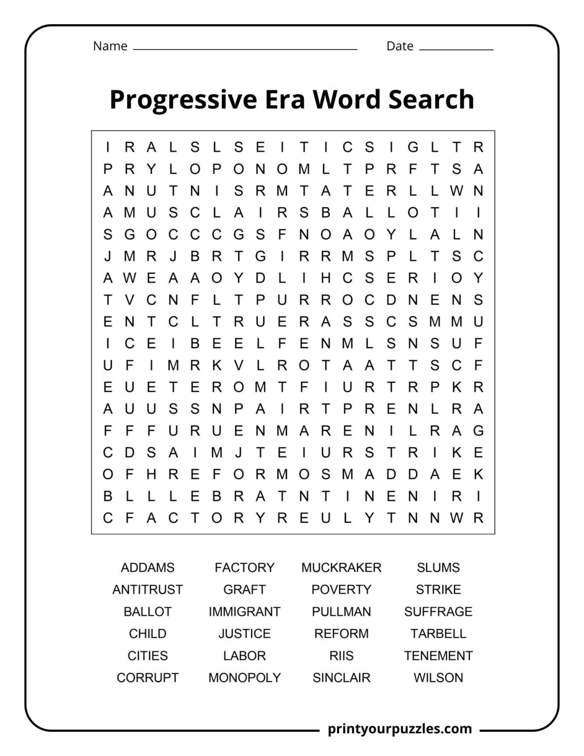 Progressive Era Word Search | Print Your Puzzles