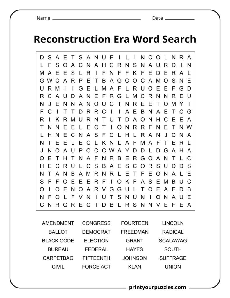 Reconstruction Era Word Search Hard