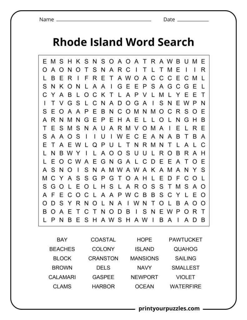 Rhode Island-themed hard word search puzzle featuring state-related terms like Newport, Clams, Harbor, and WaterFire.