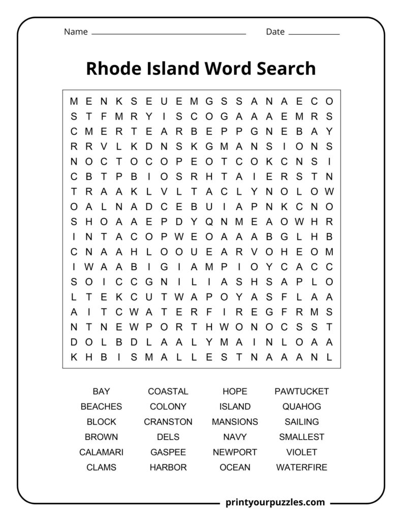 Medium-difficulty Rhode Island word search featuring coastal themes, local foods, cities, landmarks, and state history terms.
