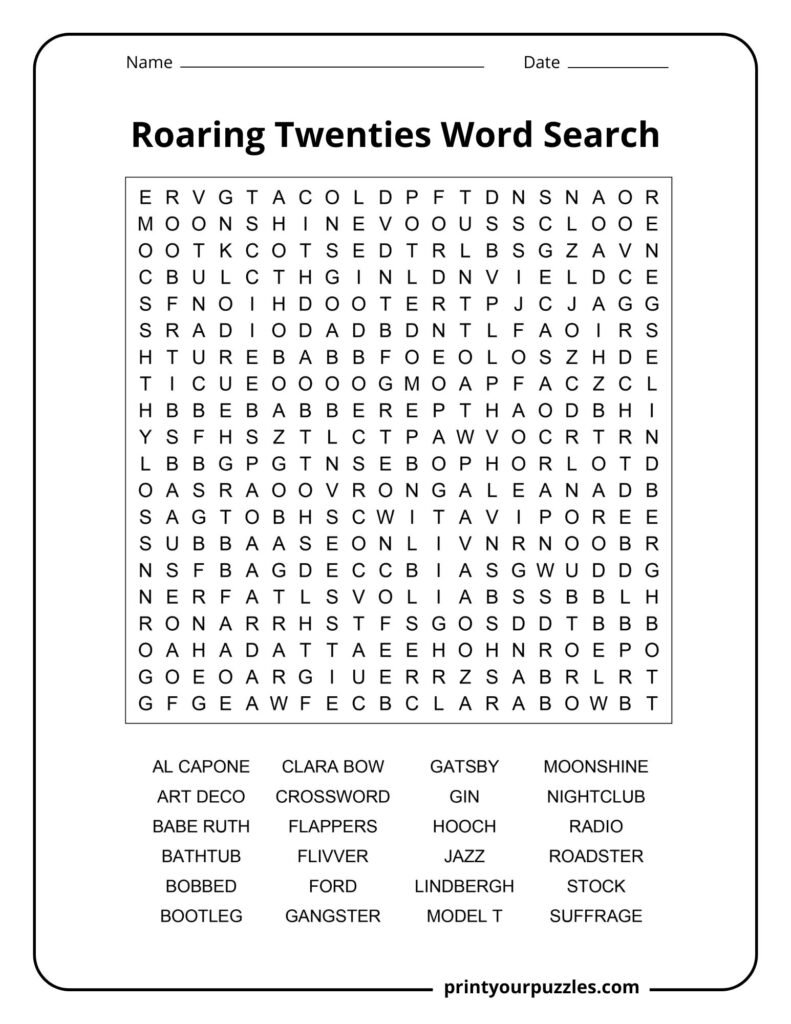 Roaring Twenties Word Search Hard