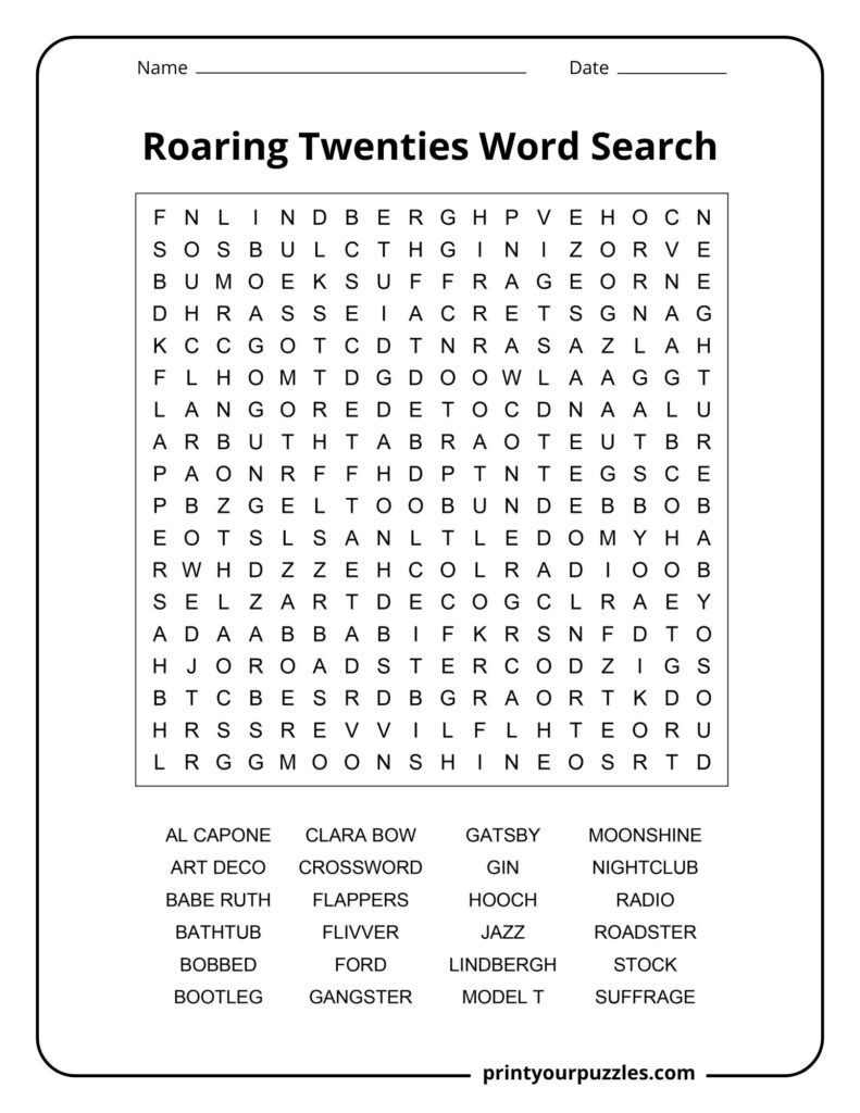 Roaring Twenties Word Search Medium