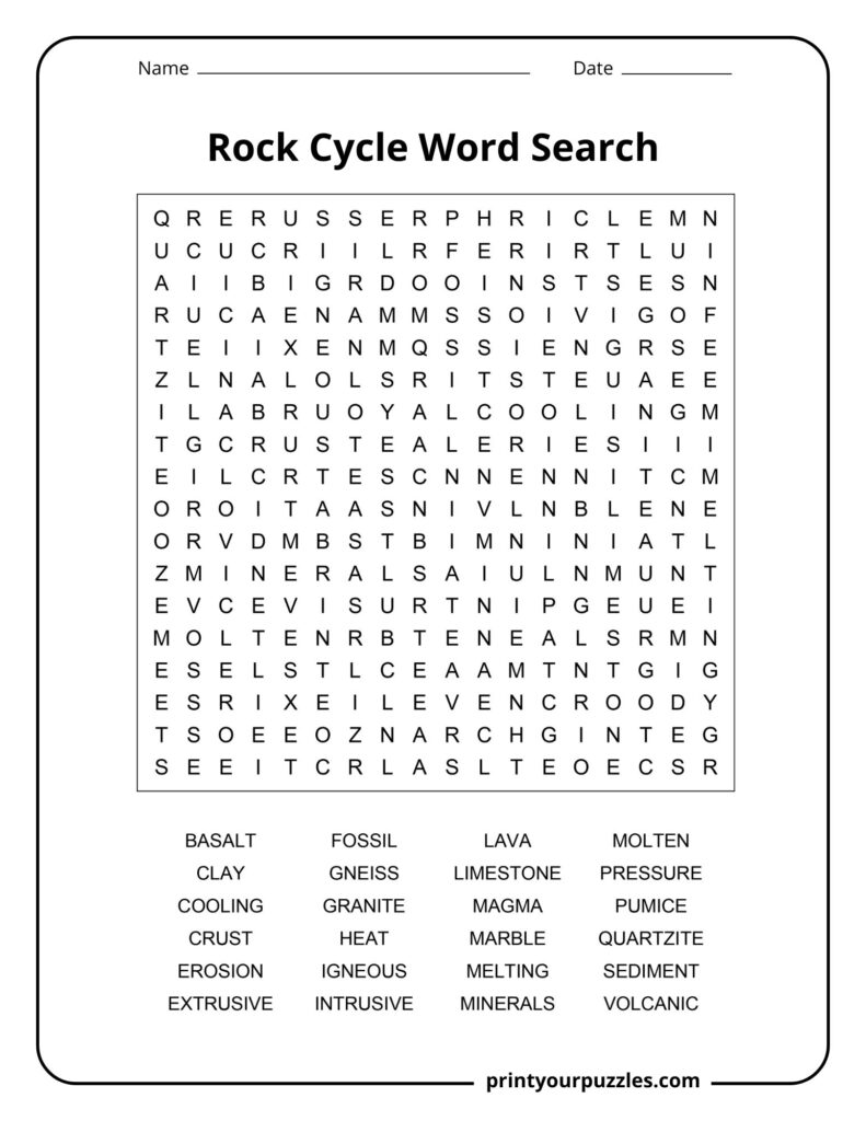 Medium rock cycle word search with key geology terms including igneous, sediment, erosion, lava, and minerals.