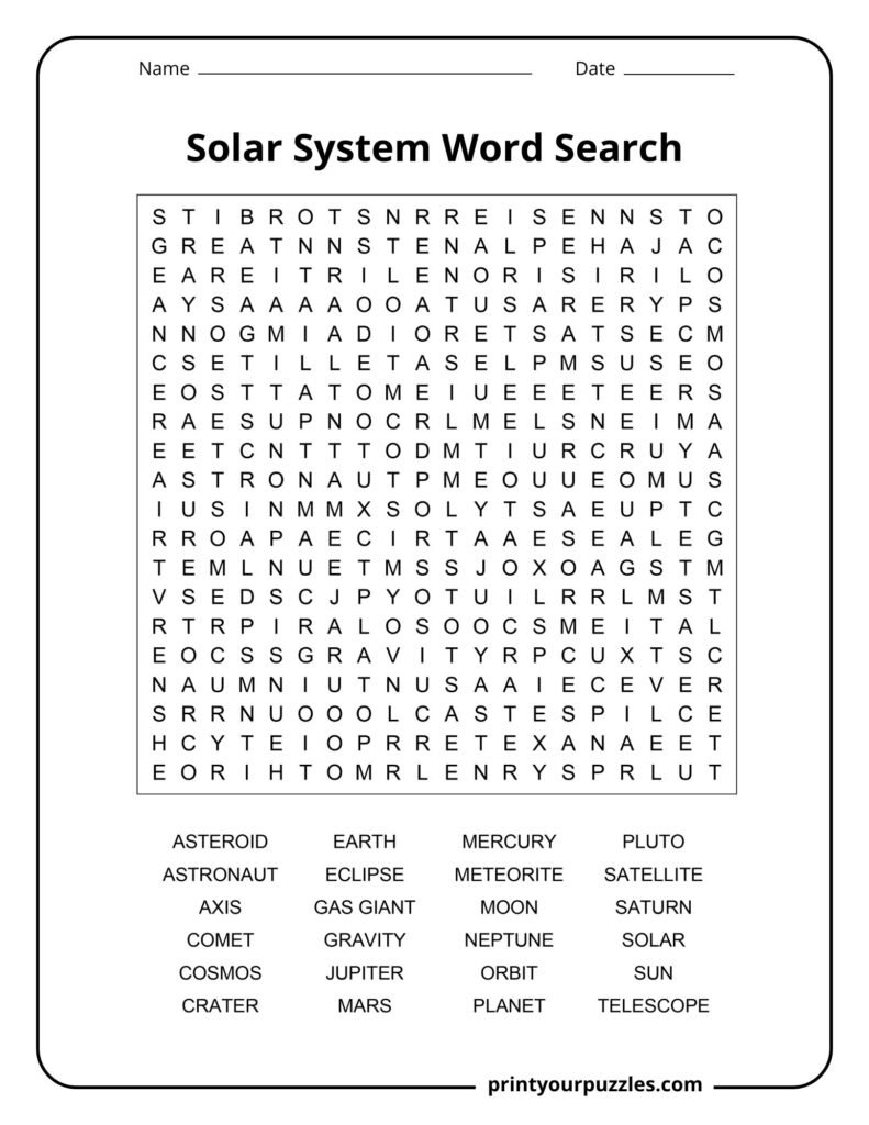 Hard solar system word search featuring advanced space terms like asteroid, orbit, gas giant, meteorite, and Neptune.