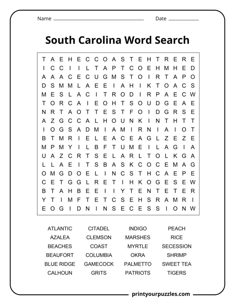 Medium-difficulty South Carolina word search showcasing state geography, foods, symbols, and cultural terms in a clear layout.