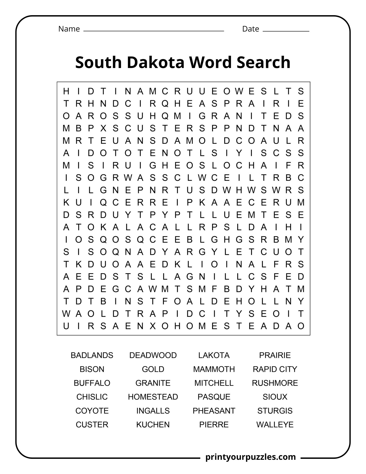 South Dakota Word Search | Print Your Puzzles