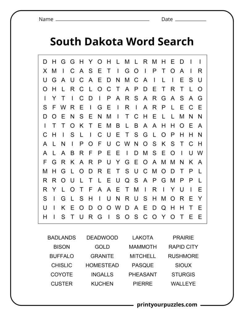 Medium-difficulty South Dakota word search showcasing state parks, wildlife, foods, cities, and cultural references in a clear grid.