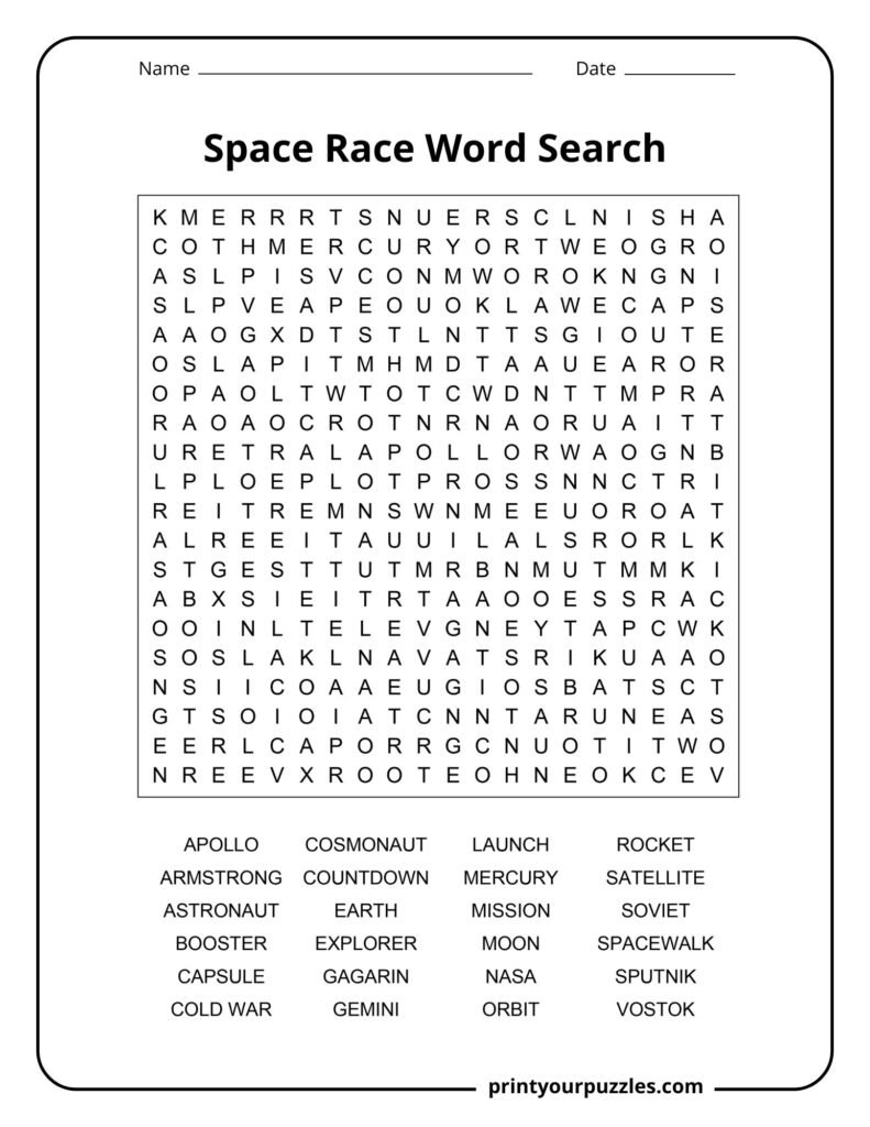 Hard Space Race word search featuring Apollo, NASA, astronauts, rockets, satellites, and historic space terms.