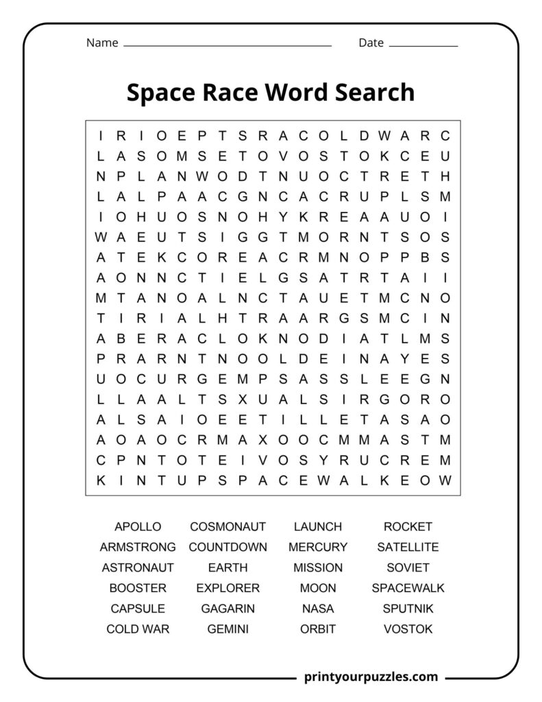 Medium-level Space Race word search featuring astronauts, rockets, NASA missions, Soviet programs, and space terms.