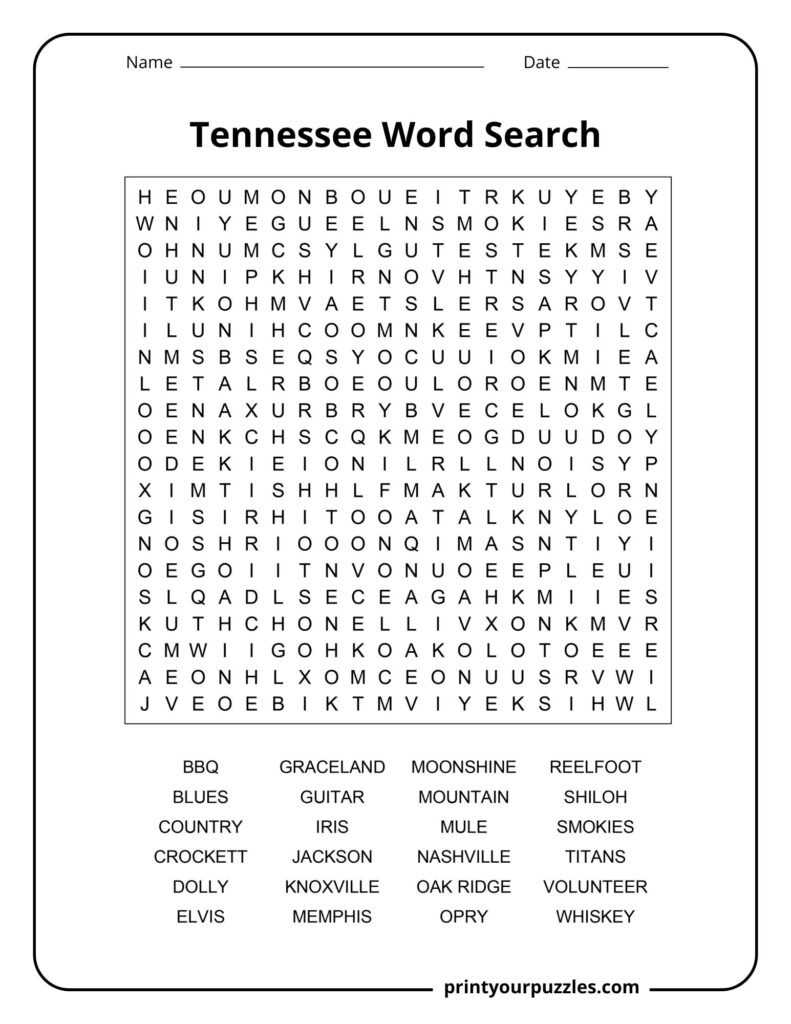 Challenging Tennessee word search featuring cities, music terms, landmarks, and cultural icons in a dense puzzle grid.