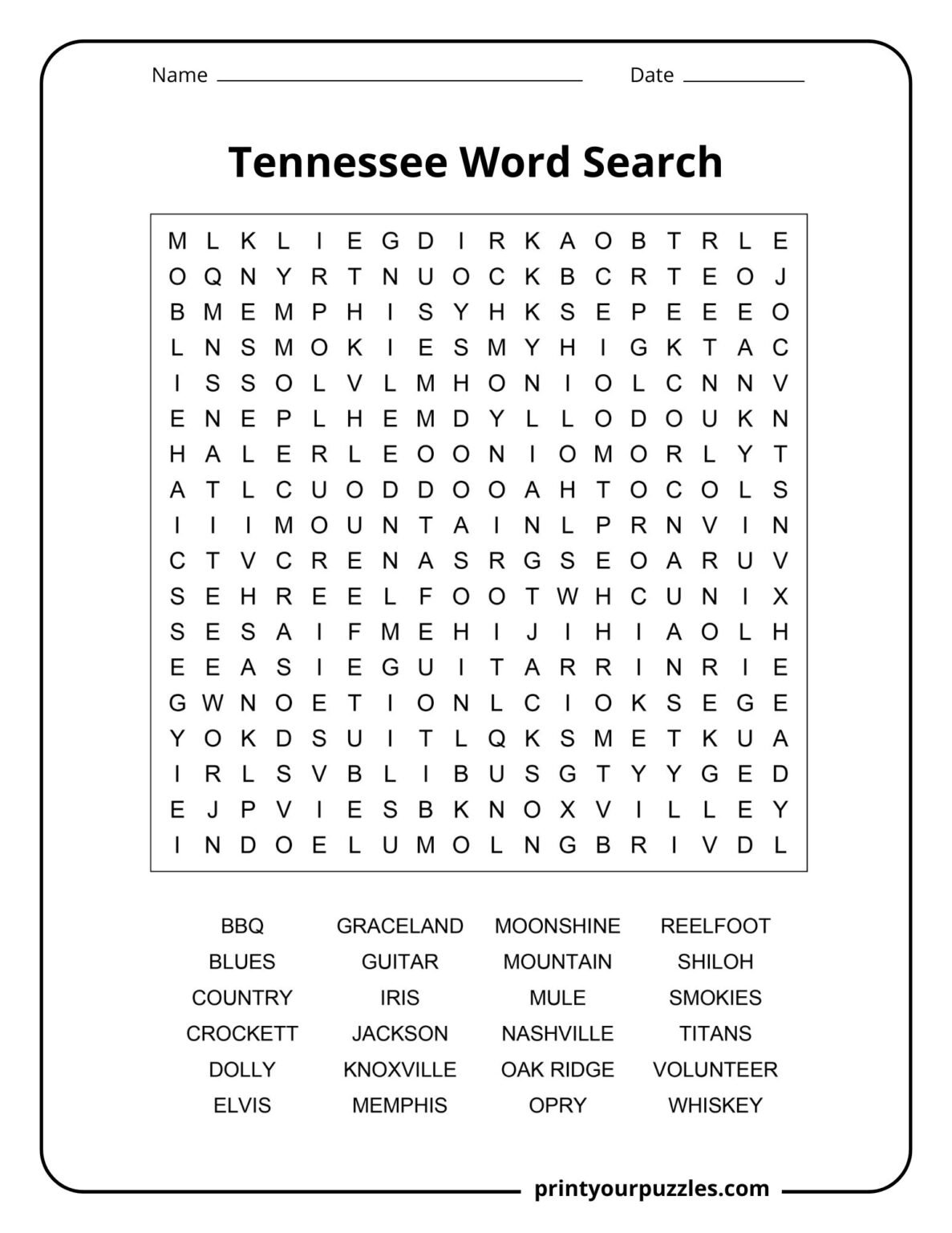 Word Search Tennessee Rivers Tennessee Word Search | Print Your Puzzles