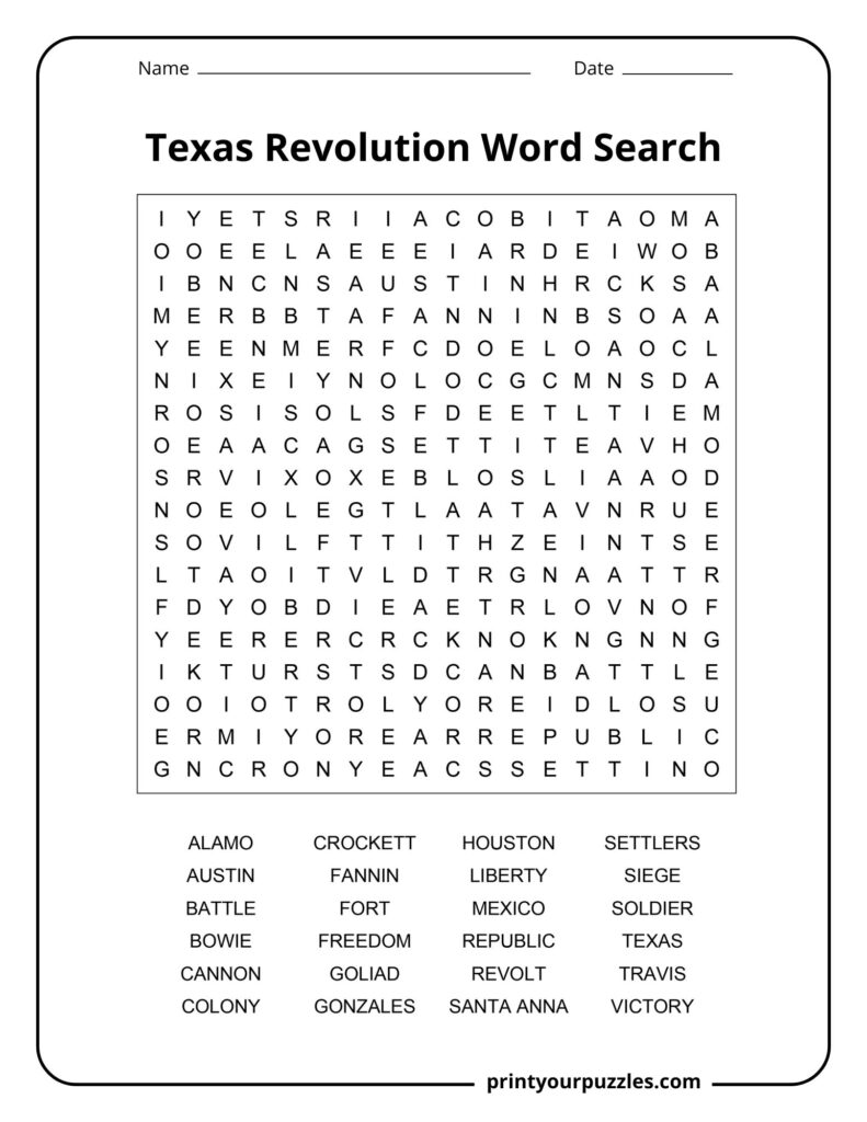 Texas Revolution Word Search Medium