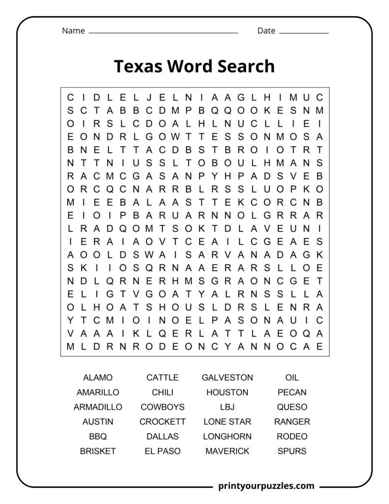 Hard Texas-themed word search featuring state icons, cities, foods, and symbols like Alamo, brisket, Houston, and longhorn.