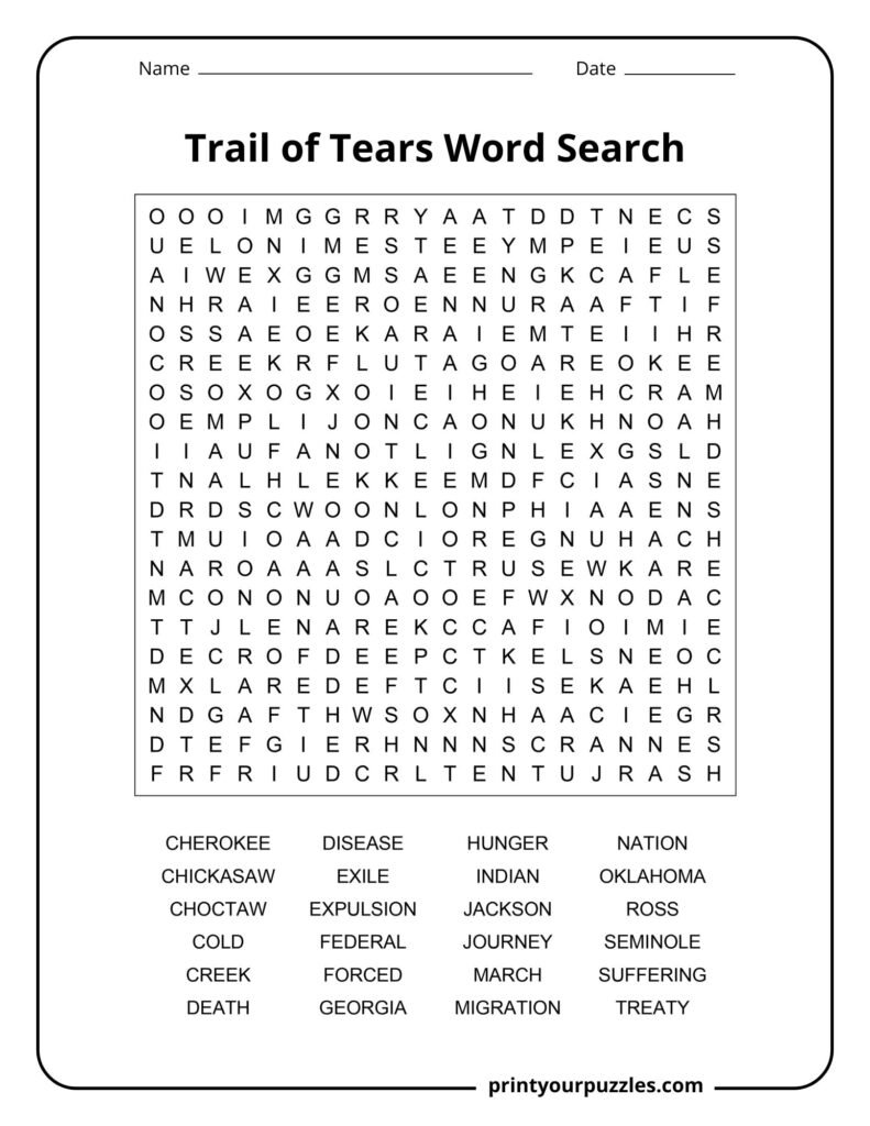 Hard Trail of Tears word search puzzle featuring a dense grid and historical terms related to tribes, migration, and hardship.